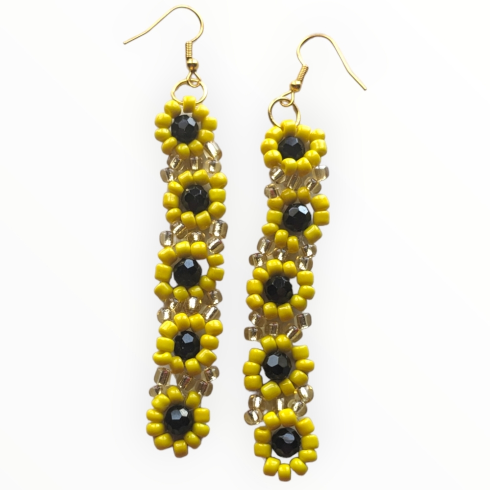 New*Sun Flower Yellow and Black Beaded Earrings